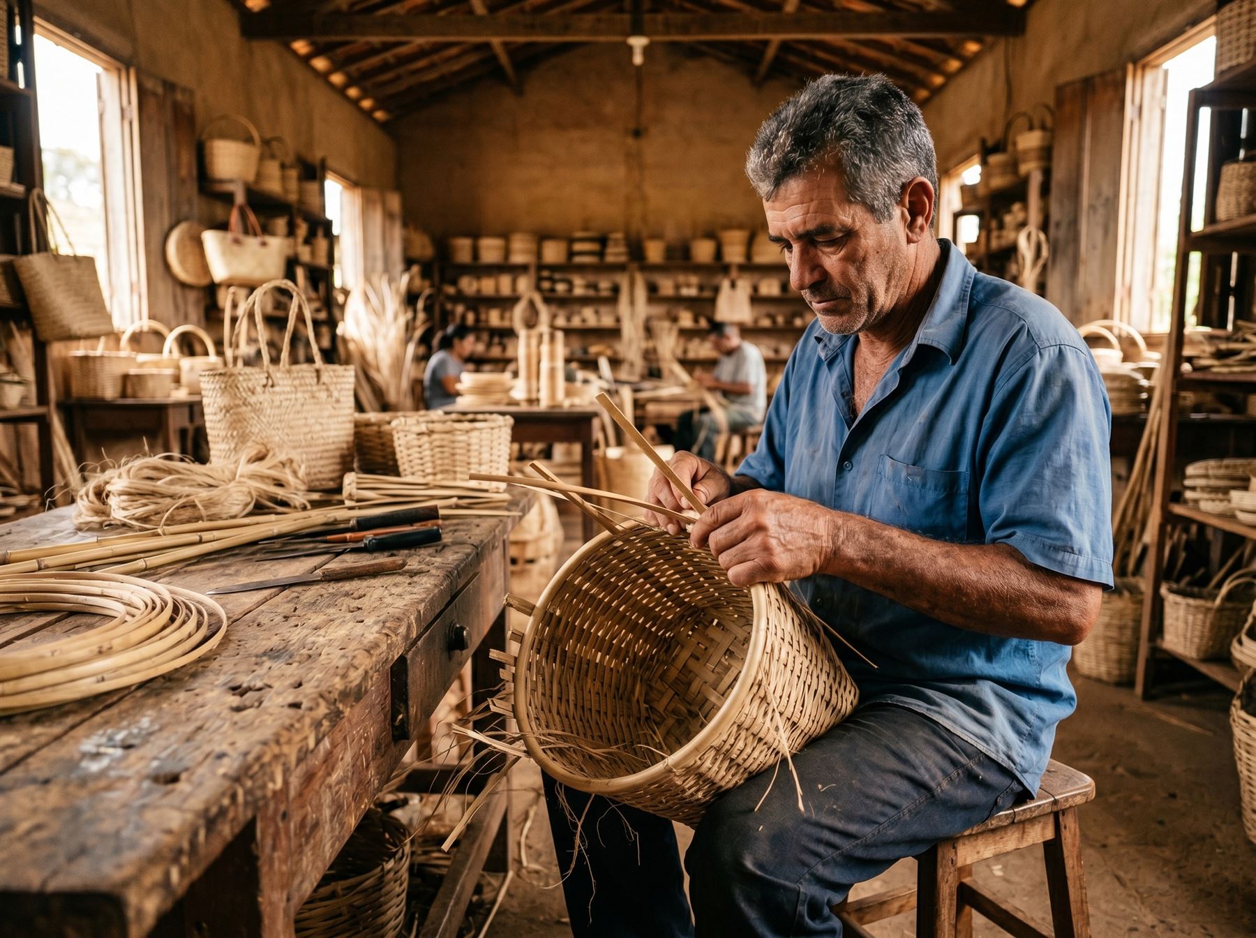 Artes&atilde;o tran&ccedil;ando cesto de bambu no galp&atilde;o da Bellas Artes